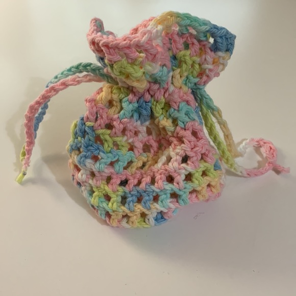 Crochet Draw String Bag Pink Blue Green White Cotton Thread - Picture 5 of 5